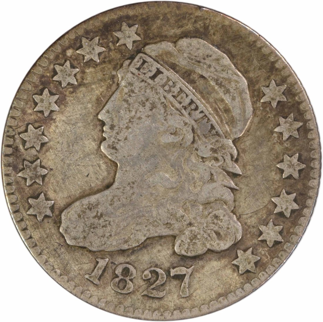 1827 Capped Bust Dime Philadelphia 89.2 Percent Silver Circulated Uncertified: 1827 Capped Bust Dime Philadelphia 89.2 Percent Silver Circulated Uncertified This 1827 Capped Bust silver dime from the Philadelphia Mint is a circulated coin designed by John Reich. Composed of 89.2