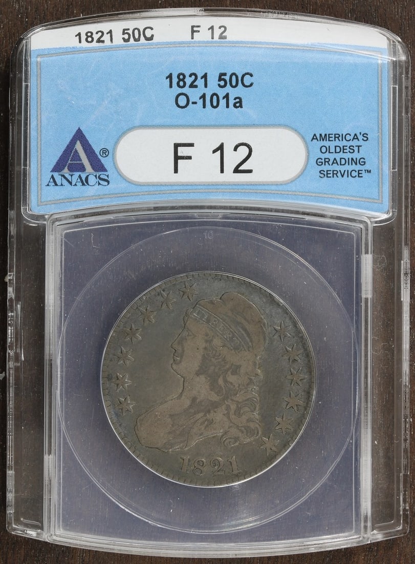 1821 Capped Bust Half Dollar ANACS 50C Silver Philadelphia: 1821 Capped Bust Half Dollar ANACS 50C Silver Philadelphia This 1821 Capped Bust Half Dollar is a classic example of early American coinage. Struck in Philadelphia, the coin is composed of 90% silver 