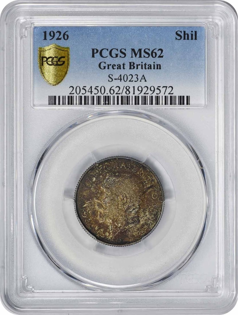 PCGS MS62 United Kingdom 1926 Shilling Uncirculated Coin: PCGS MS62 United Kingdom 1926 Shilling Uncirculated Coin This is a 1926 Great Britain shilling graded MS62 by PCGS. The coin is uncirculated and originates from the United Kingdom. It is in pre-owned 