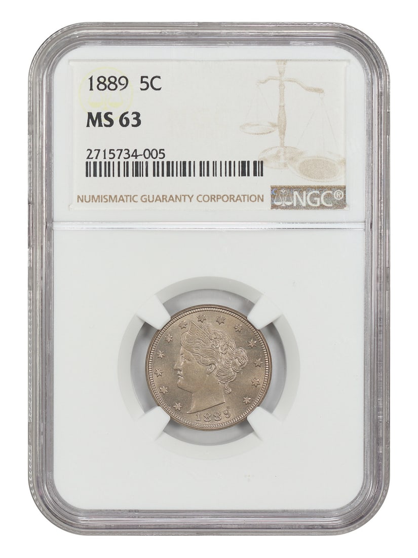NGC MS63 1889 Liberty Nickel 5C: NGC MS63 1889 Liberty Nickel 5C This is an 1889 Liberty Nickel with a denomination of 5 cents, certified by NGC and graded MS63. The coin was minted in Philadelphia and is in uncirculated condition. I