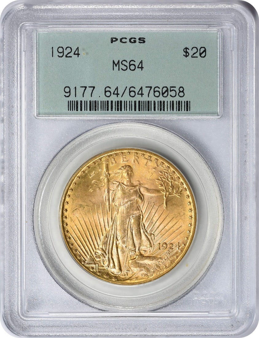 1924 $20 Gold St. Gaudens MS64 PCGS Uncirculated Coin: 1924 $20 Gold St. Gaudens MS64 PCGS Uncirculated Coin This stunning 1924 $20 Gold St. Gaudens coin is a remarkable example of American numismatic artistry. Graded MS64 by PCGS, this uncirculated coin 