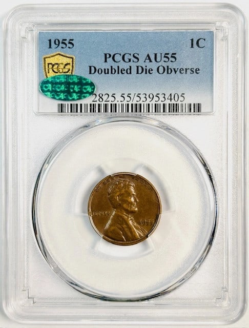 1955 Philadelphia Lincoln cent PCGS AU55 CAC BN Doubled Die Obverse: 1955 Philadelphia Lincoln cent PCGS AU55 CAC BN Doubled Die Obverse This 1955 Lincoln Penny features a doubled die obverse and is graded AU-55 by PCGS, with CAC approval. Struck at the Philadelphia Mi