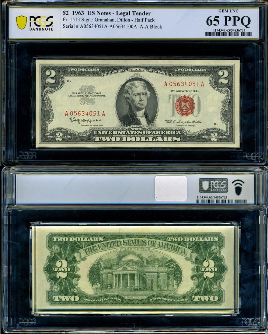 1963 $2 Legal Tender Notes PCGS Gem CU65 50 Note Pack (1 of 3)