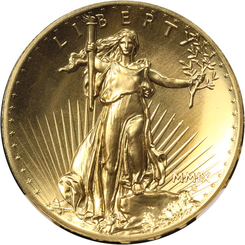 2009 $20 Ultra High Relief Gold Double Eagle NGC MS70 Mike Castle Label: 2009 $20 Ultra High Relief Gold Double Eagle NGC MS70 Mike Castle Label 2009 Ultra High Relief Gold $20 Double Eagle graded NGC MS70 with a Mike Castle signed label. The coin is described as uncircula