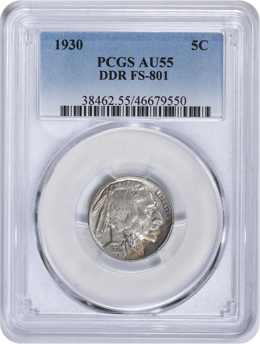 1930 Buffalo Nickel DDR FS-801 PCGS AU55: 1930 Buffalo Nickel DDR FS-801 PCGS AU55 This 1930 Buffalo Nickel features the DDR FS-801 variety and is graded AU55 by PCGS. Struck in nickel and originating from the United States, this coin has cir