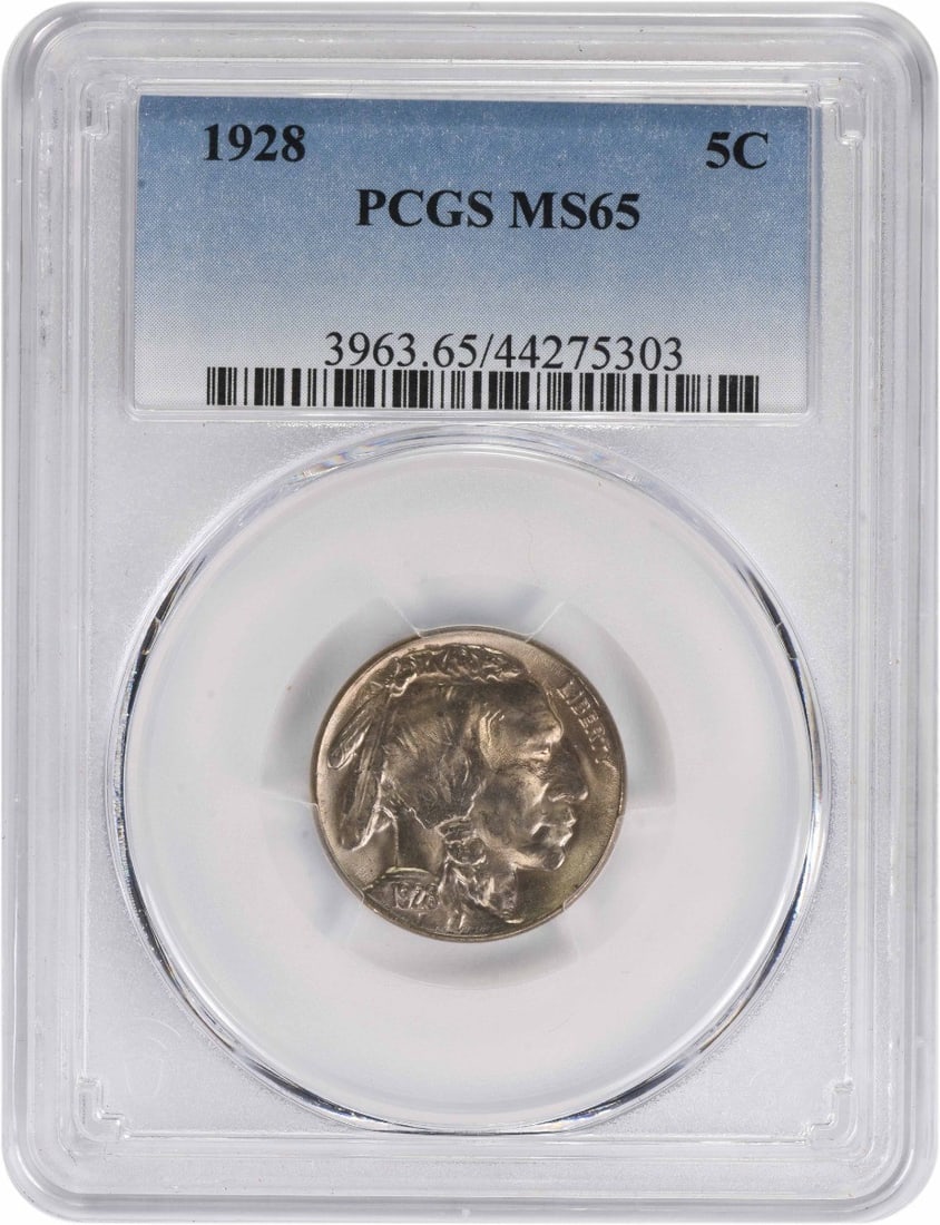 PCGS MS65 1928 Buffalo Nickel 5C: PCGS MS65 1928 Buffalo Nickel 5C This is a 1928 Buffalo Nickel graded MS65 by PCGS. The coin is uncirculated and composed of nickel. It was minted in the United States and does not bear a mint mark. T
