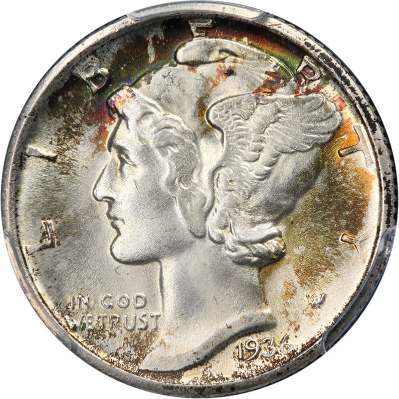 1936-D Mercury Dime PCGS MS67 Uncirculated Silver Coin: 1936-D Mercury Dime PCGS MS67 Uncirculated Silver Coin This stunning 1936-D Mercury Dime, graded PCGS MS67, showcases superb eye appeal with its fantastic luster and striking detail. The coin features