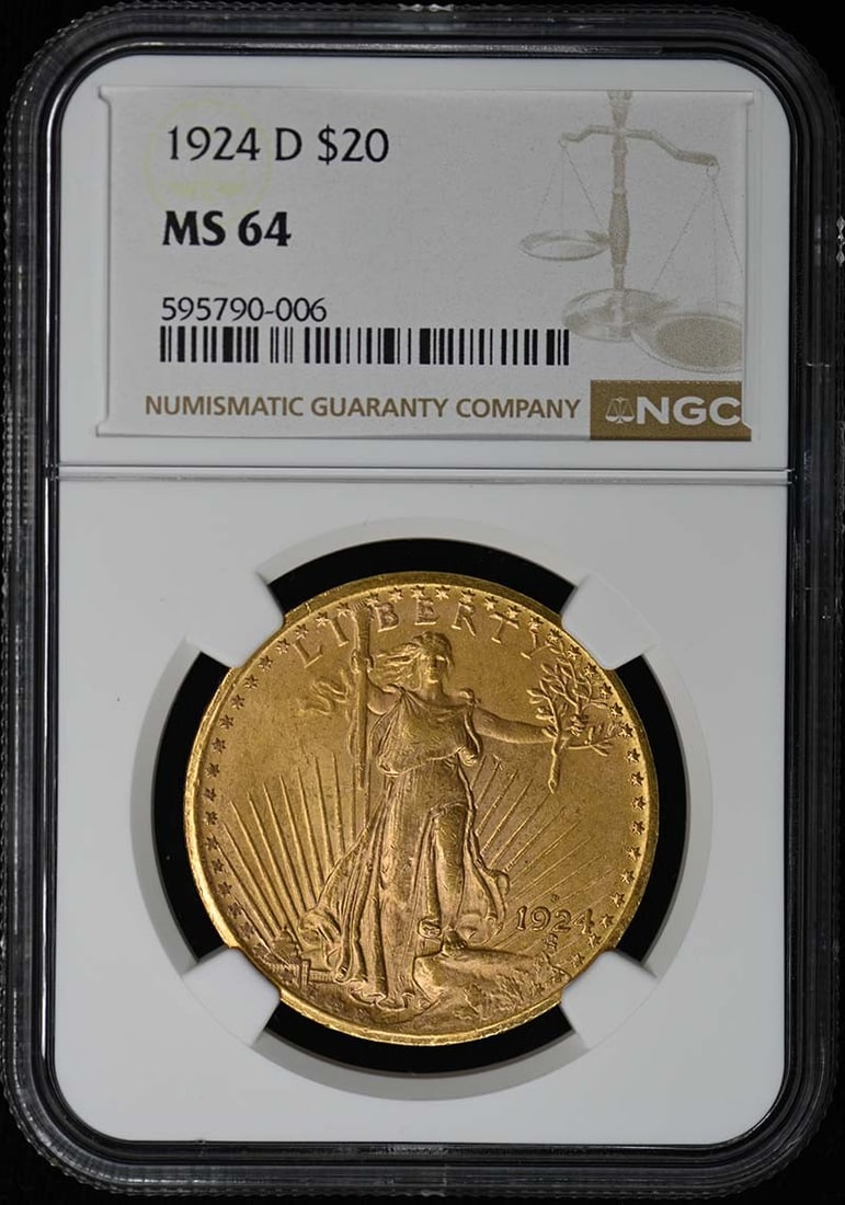 NGC MS64 1924-D Saint Gaudens Twenty Dollar Gold Coin: NGC MS64 1924-D Saint Gaudens Twenty Dollar Gold Coin This 1924-D Saint-Gaudens $20 gold coin is graded MS64 by NGC, indicating a high-quality, uncirculated condition. Minted in Denver, it features th