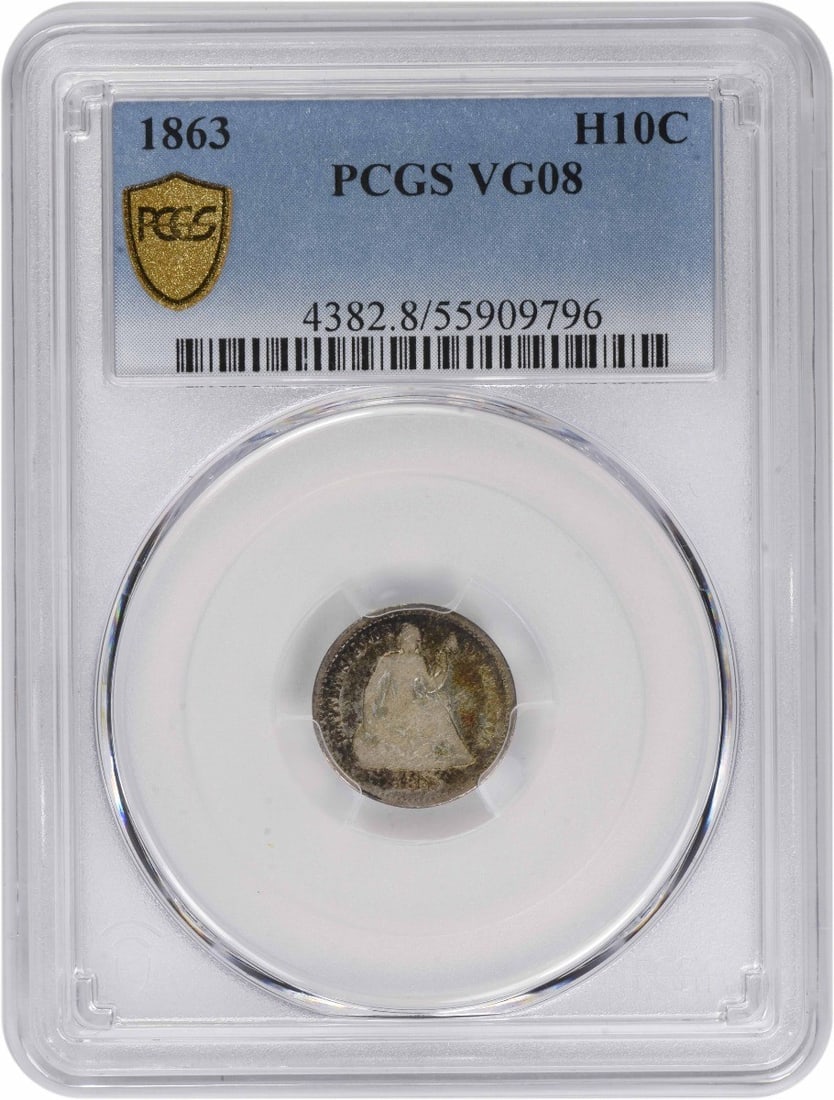 PCGS VG08 1863 Seated Liberty Half Dime Philadelphia 90 Percent Silver Coin: PCGS VG08 1863 Seated Liberty Half Dime Philadelphia 90 Percent Silver Coin This is an 1863 Liberty Seated Silver Half Dime, graded VG08 by PCGS. Minted in Philadelphia, the coin features the classic 