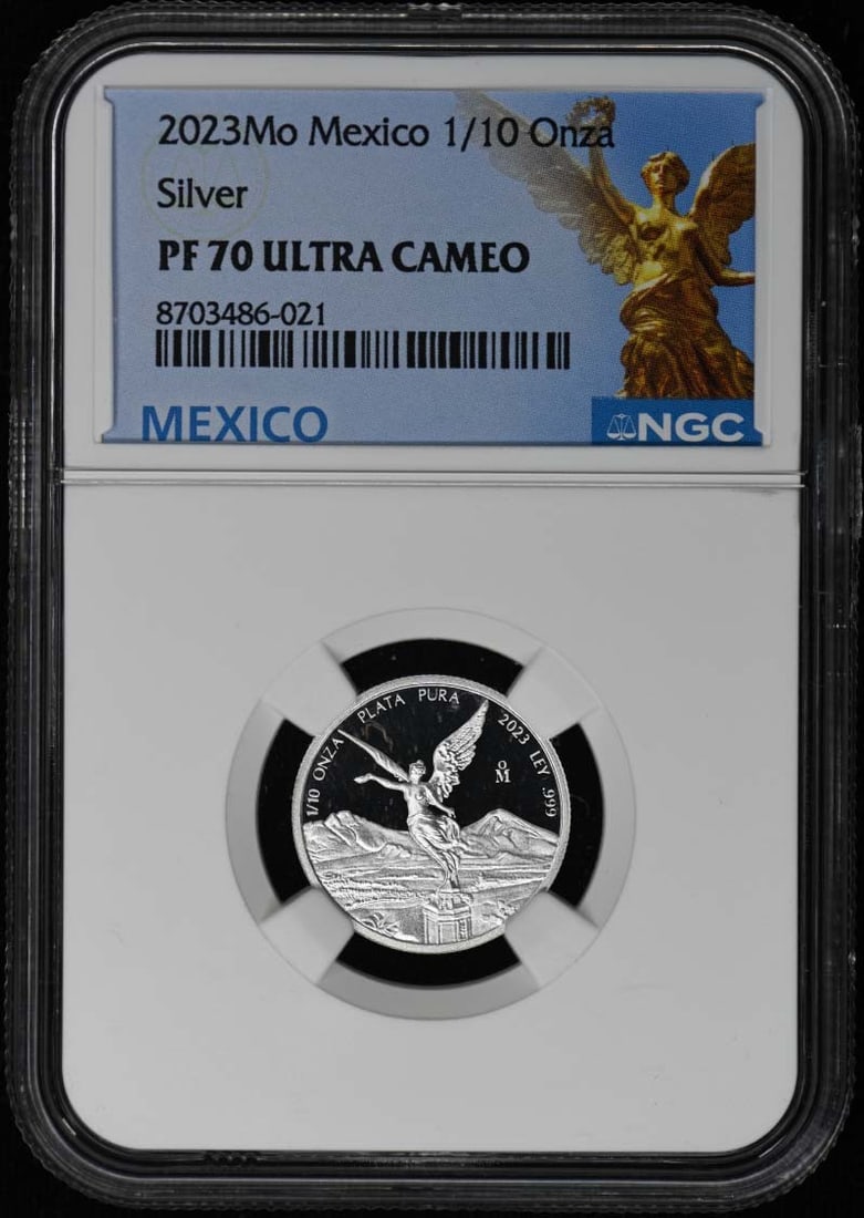 Mexico 2023 Silver 1 10 Onza NGC PR70DCAM: Mexico 2023 Silver 1 10 Onza NGC PR70DCAM This is a 2023 Mexico Silver 1/10 Onza coin, graded PR70 by NGC. The coin is uncirculated and comes with NGC certification. It is pre-owned but remains in pri