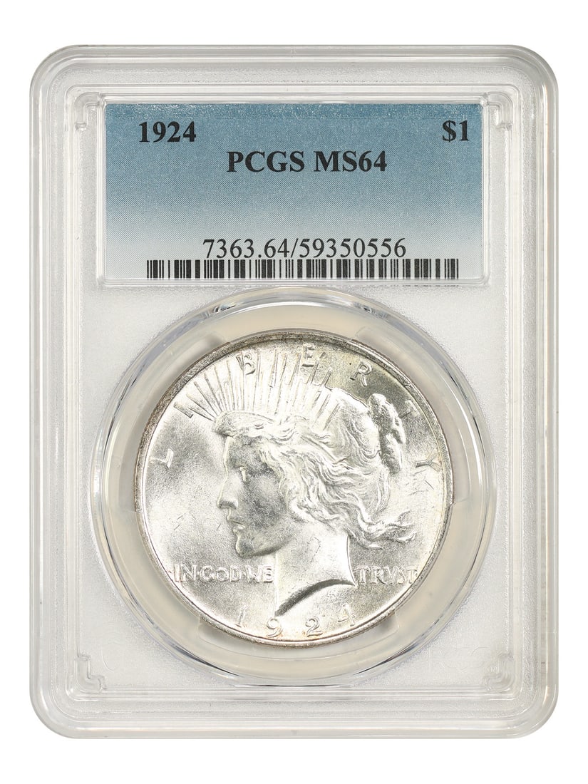 PCGS MS64 1924 Peace Dollar $1 Coin: PCGS MS64 1924 Peace Dollar $1 Coin 1924 Peace Dollar $1 coin graded MS64 by PCGS. This uncirculated Philadelphia issue is certified with certification number 59350556 and is listed in pre-owned condi