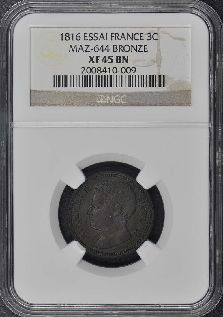 1816 ESSAI France 3c Coin NGC XF45 Circulated: 1816 ESSAI France 3c Coin NGC XF45 Circulated This 1816 Essai from France is a remarkable coin featuring a grade of XF45, certified by NGC. It is a circulated item, showcasing the historical significa