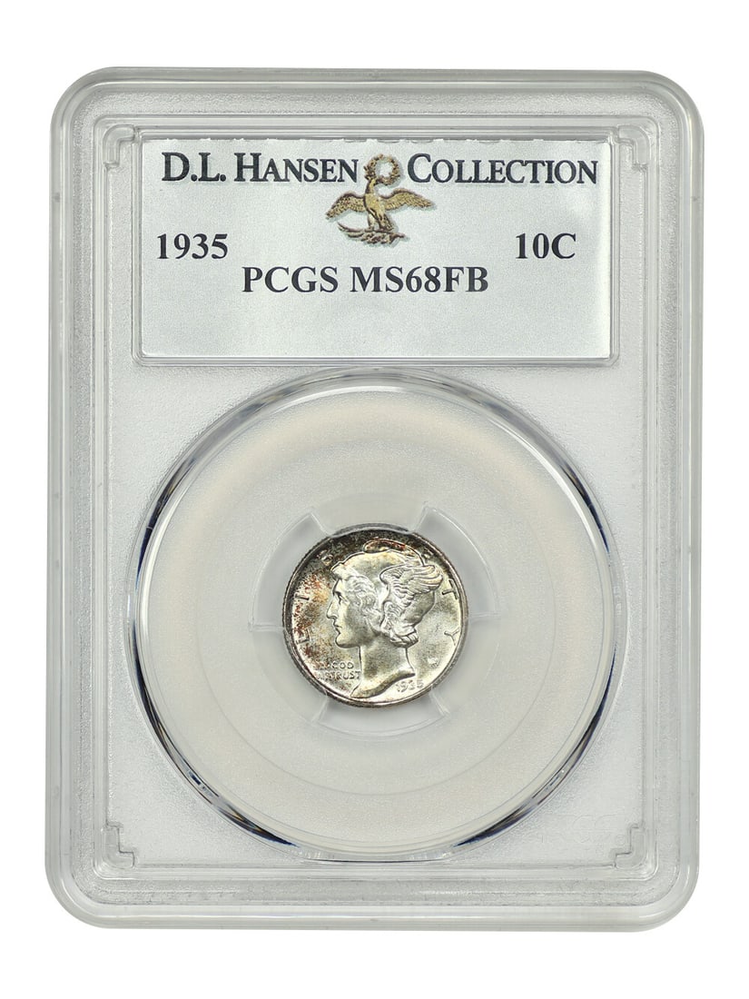 Mercury Dime 1935 PCGS MS68FB 10C ex D.L. Hansen: Mercury Dime 1935 PCGS MS68FB 10C ex D.L. Hansen 1935 Mercury Dime graded PCGS MS68FB and encapsulated in a protective holder. This Philadelphia-minted coin is described as uncirculated and features g