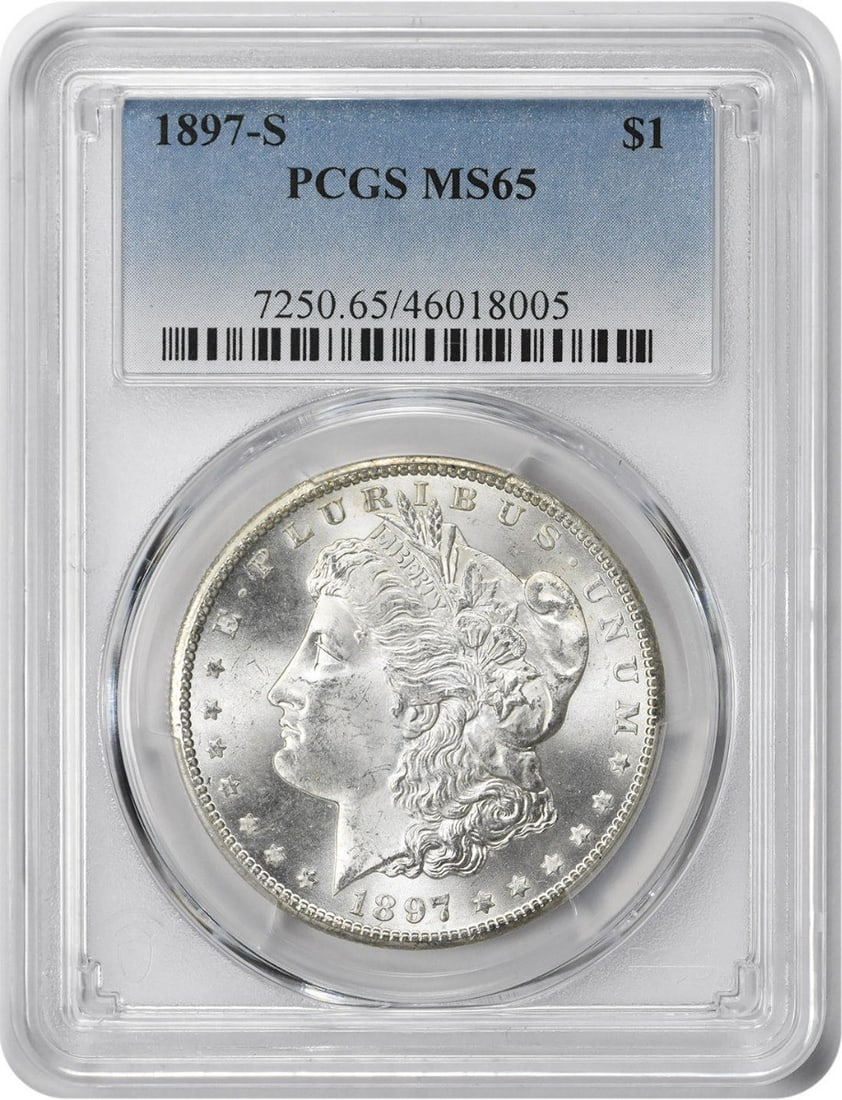 1897-S Morgan Silver Dollar MS65 PCGS Uncirculated Silver Coin: 1897-S Morgan Silver Dollar MS65 PCGS Uncirculated Silver Coin This 1897-S Morgan Silver Dollar is a stunning example of American coinage, graded MS65 by PCGS, indicating it is in uncirculated conditi