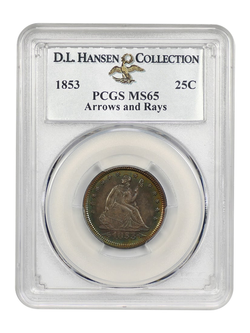 1853 Liberty Seated Quarter 25C PCGS MS65 Arrows and Rays: 1853 Liberty Seated Quarter 25C PCGS MS65 Arrows and Rays 1853 Liberty Seated Quarter with arrows and rays, graded PCGS MS65. This uncirculated Philadelphia issue is a one-year type coin and is descri