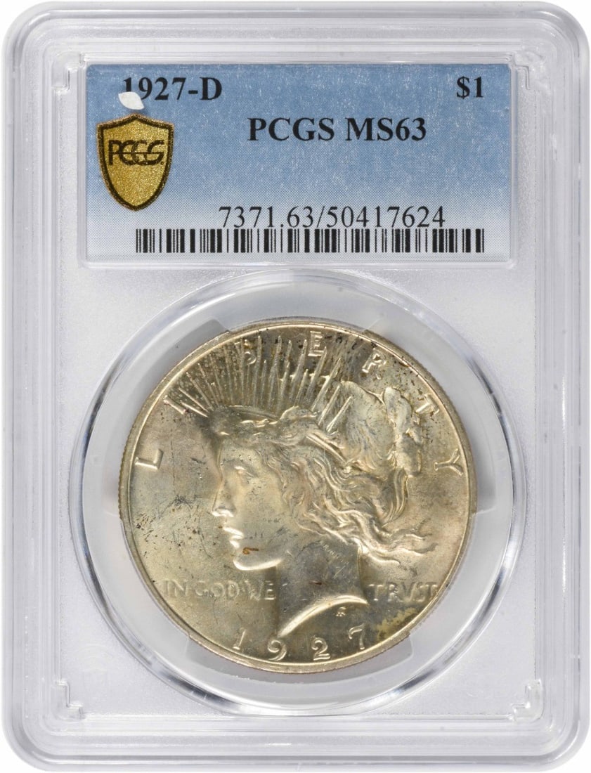 PCGS MS63 1927-D Peace Dollar Silver Coin: PCGS MS63 1927-D Peace Dollar Silver Coin This 1927-D Peace Silver Dollar is an uncirculated coin graded MS63 by PCGS. Minted in Denver, it features a composition of 90% silver and 10% copper, with a 
