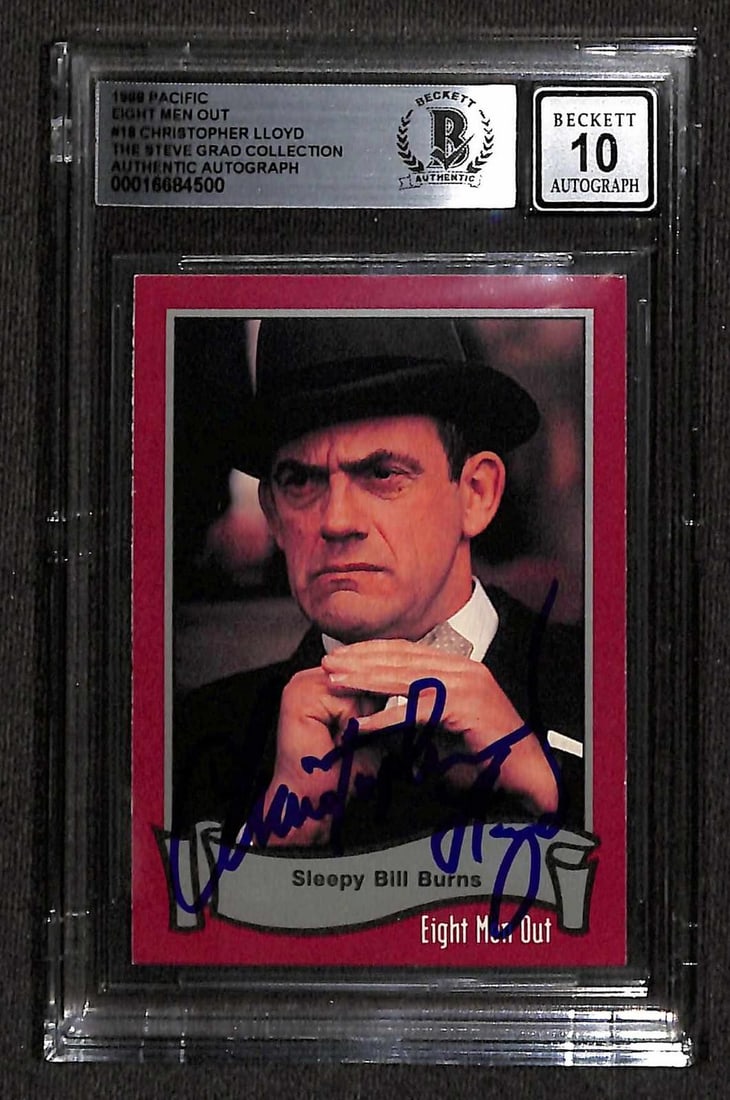 1988 Pacific Eight Men Out Christopher Lloyd autograph card Beckett 10: 1988 Pacific Eight Men Out Christopher Lloyd autograph card Beckett 10 This is a signed 1988 Pacific trading card from the movie Eight Men Out, featuring Christopher Lloyd as "Sleepy Bill Burns." The 