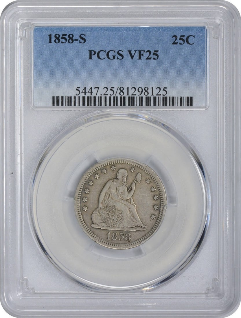 PCGS VF25 1858-S Seated Liberty 25C Silver Quarter: PCGS VF25 1858-S Seated Liberty 25C Silver Quarter An 1858-S Liberty Seated Silver Quarter graded VF25 by PCGS. This circulated pre-owned coin is from the United States and features the Seated Liberty