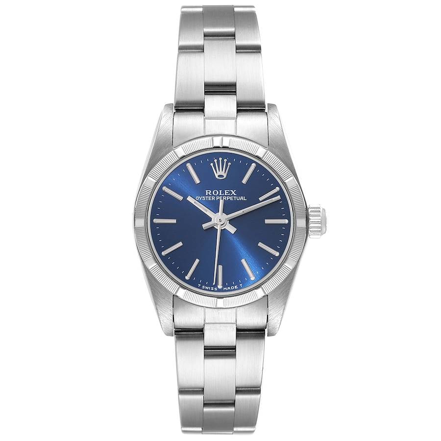 Rolex Oyster Perpetual Ladies Blue Dial Ref 76030: Rolex Oyster Perpetual Ladies Blue Dial Ref 76030 This Rolex Oyster Perpetual watch features a striking blue dial and an engine-turned bezel, complemented by the signature Oyster bracelet. Designed fo