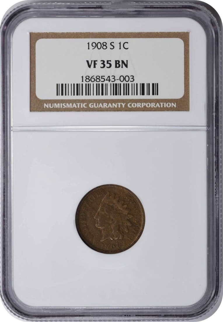 NGC VF35BN 1908-S Indian Head Copper Small Cent: NGC VF35BN 1908-S Indian Head Copper Small Cent This is a 1908 Indian Head Cent from the United States, minted in San Francisco. The coin is composed of copper and is graded VF35BN by NGC, indicating 