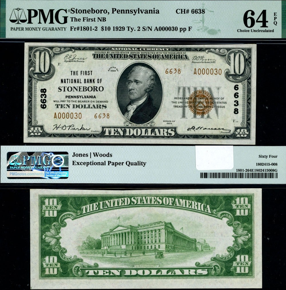 1929 Type 2 $10 National Bank Note Stoneboro PA PMG CU64 EPQ: 1929 Type 2 $10 National Bank Note Stoneboro PA PMG CU64 EPQ This is a 1929 Type 2 National Bank Note from Stoneboro, Pennsylvania, featuring a denomination of $10. Certified by PMG with a grade of Ch