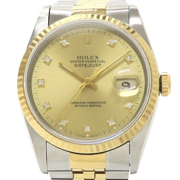 Rolex 16233G 36mm Automatic Champagne Dial Diamond Watch: Rolex 16233G 36mm Automatic Champagne Dial Diamond Watch This pre-owned ROLEX Datejust 36mm 16233G men's wristwatch features a champagne dial adorned with 10 original-set diamonds. The watch is crafte