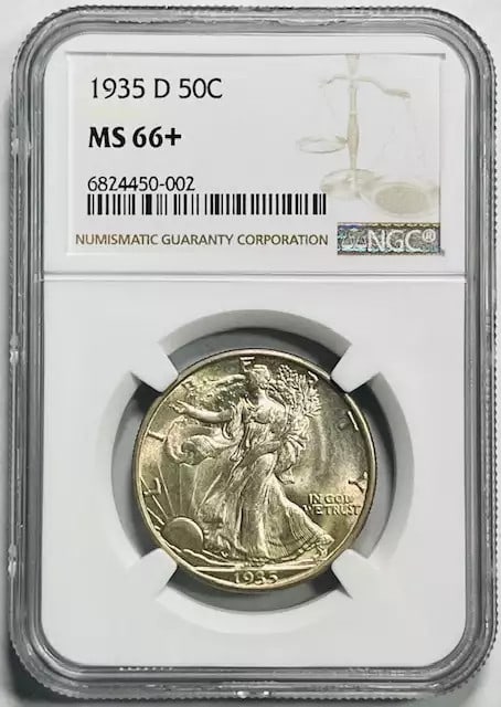 NGC MS-66 Plus 1935 Denver Walking Liberty Silver Half Dollar: NGC MS-66 Plus 1935 Denver Walking Liberty Silver Half Dollar This 1935 D Walking Liberty Half Dollar is certified by NGC with a grade of MS-66+ Plus, indicating an uncirculated condition. Minted in D