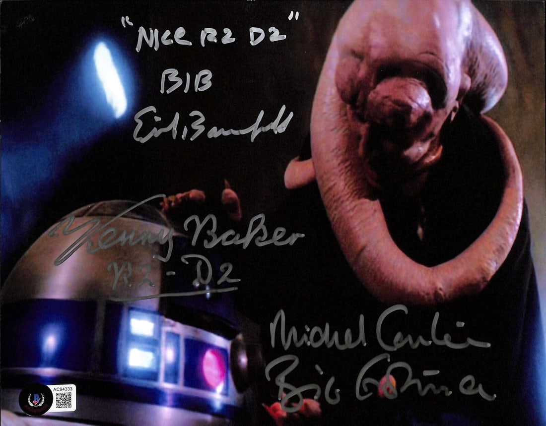 Star Wars ROTJ Autographed 8x10 Photo by Baker Bauersfeld Carter Beckett LOA: Star Wars ROTJ Autographed 8x10 Photo by Baker Bauersfeld Carter Beckett LOA This remarkable 8x10 photograph from Star Wars: Return of the Jedi showcases authentic signatures from three iconic cast me
