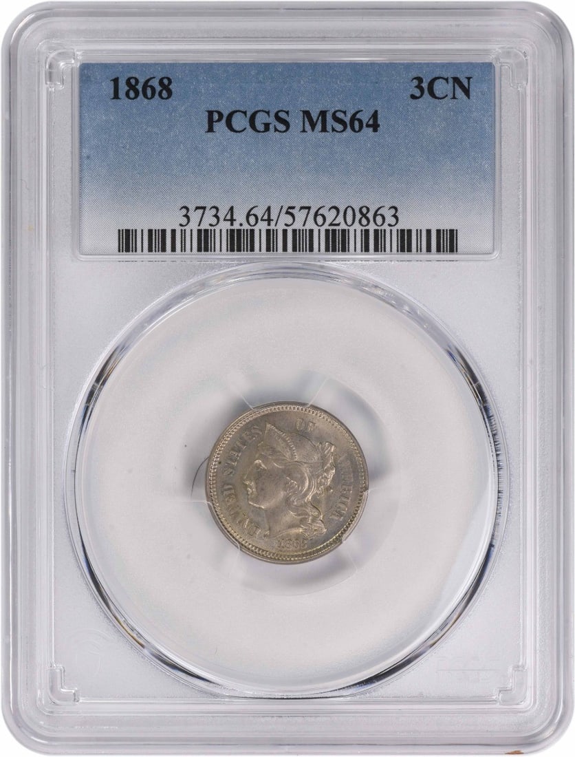 1868 Three Cent Nickel MS64 PCGS Philadelphia Mint: 1868 Three Cent Nickel MS64 PCGS Philadelphia Mint This 1868 Three Cent Nickel is a remarkable uncirculated coin graded MS64 by PCGS, showcasing its pristine condition. Minted in Philadelphia, this co
