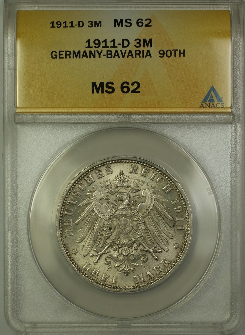 ANACS MS-62 1911-D Bavaria 3 Marks Silver Luitpold 90th Birthday Coin: ANACS MS-62 1911-D Bavaria 3 Marks Silver Luitpold 90th Birthday Coin This 1911-D Germany Bavaria 3 Marks silver coin commemorates the 90th birthday of Luitpold. Certified by ANACS with a grade of MS-