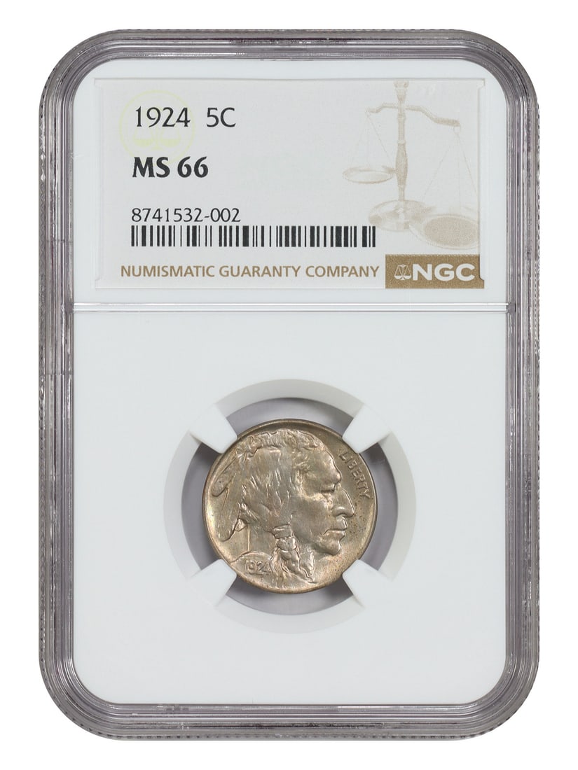 NGC MS66 1924 Buffalo Nickel 5C Philadelphia: NGC MS66 1924 Buffalo Nickel 5C Philadelphia 1924 Buffalo Nickel graded MS66 by NGC. This uncirculated 5C coin was struck in Philadelphia and is identified as part of the Buffalo Nickel series. The co