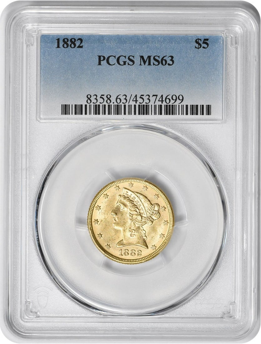 1882 $5 Gold Liberty Head Coin MS63 PCGS Uncirculated: 1882 $5 Gold Liberty Head Coin MS63 PCGS Uncirculated This 1882 $5 Gold Liberty Head coin features exquisite craftsmanship by designer Christian Gobrecht. Certified by PCGS with a grade of MS63, this 