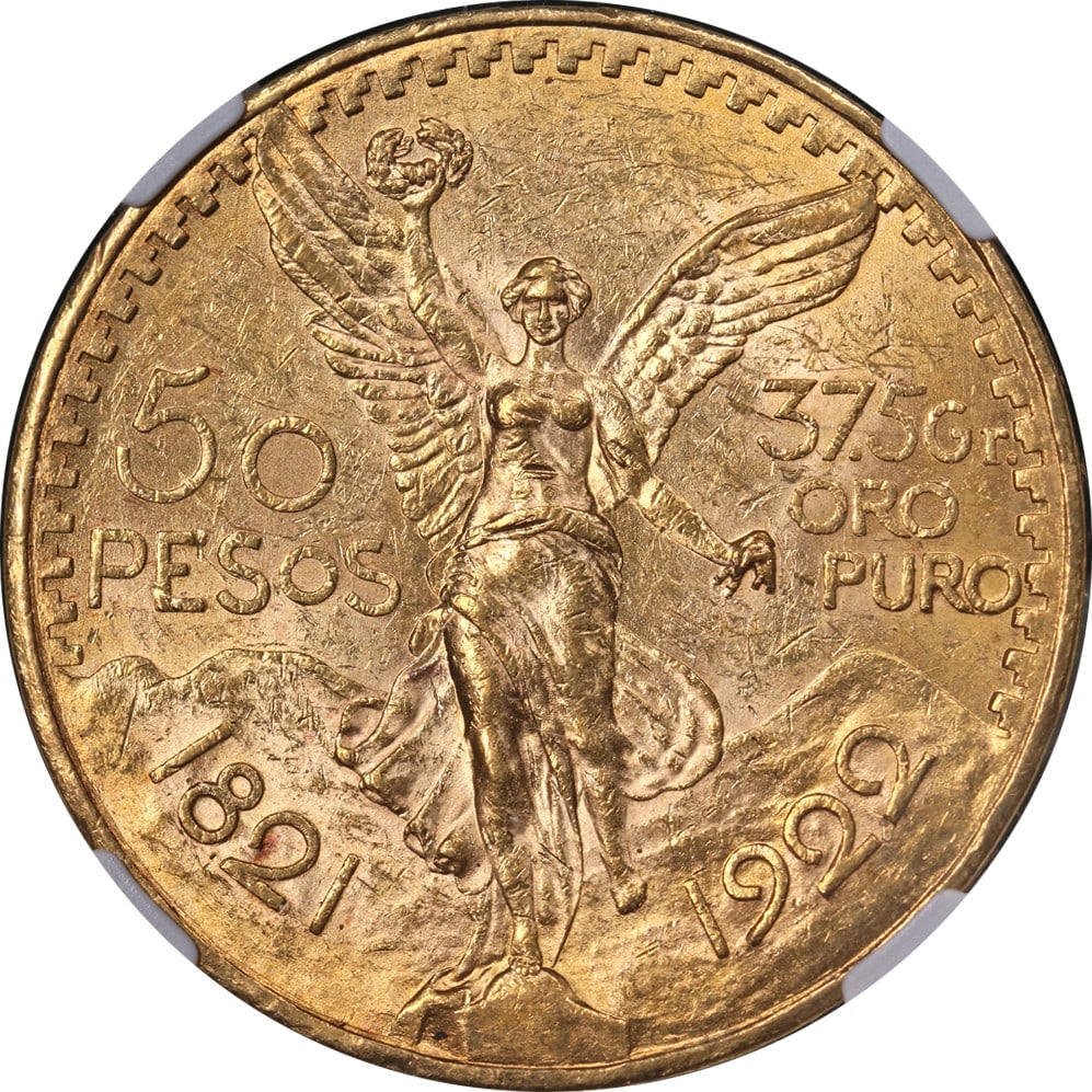 Mexico 50 Peso Gold Coin NGC MS60 1922: Mexico 50 Peso Gold Coin NGC MS60 1922 This original 1922 Mexico Gold 50 Peso coin is certified by NGC with a grade of MS60. It features attractive luster, a strong strike, and appealing gold color an