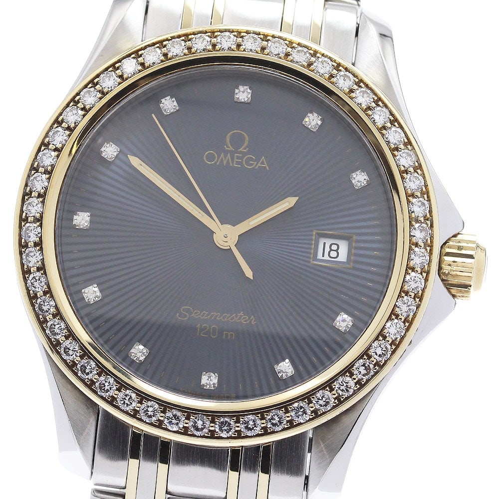 Omega men's quartz Seamaster 120 wristwatch diamond bezel 11 diamonds: Omega men's quartz Seamaster 120 wristwatch diamond bezel 11 diamonds This OMEGA Seamaster 120 is a men's wristwatch featuring a diamond bezel and 11 diamond hour markers. It is powered by a quartz mo