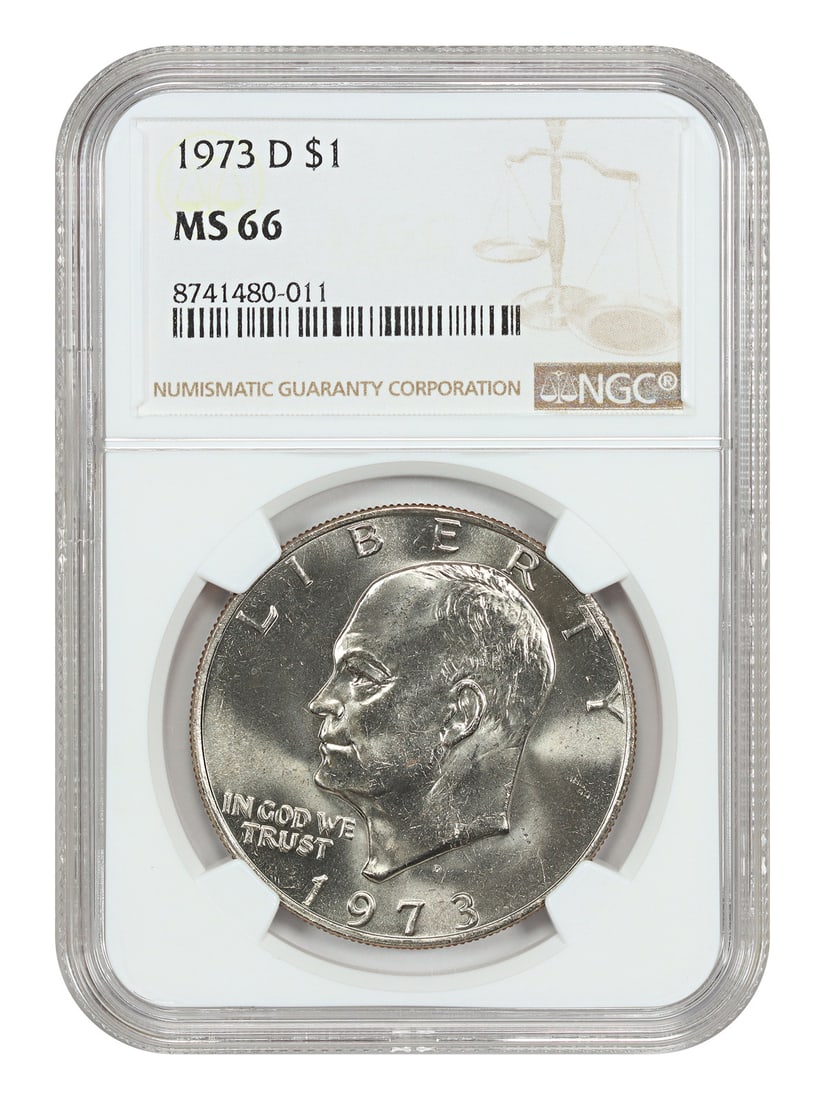 NGC MS66 1973-D Eisenhower Dollar $1 Coin: NGC MS66 1973-D Eisenhower Dollar $1 Coin 1973-D $1 Ike Dollar certified by NGC and graded MS66. The coin is uncirculated, with Denver mint origin, and comes with certification number 8741480011. Cond