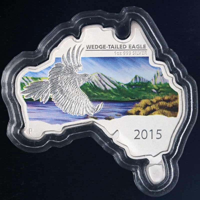 2015 Australia 1oz Silver Wedge-Tailed Eagle Map Shaped Coin: 2015 Australia 1oz Silver Wedge-Tailed Eagle Map Shaped Coin This stunning 2015 Australia 1 Ounce Silver $1 coin features a unique map-shaped design of the Wedge-Tailed Eagle, showcasing superb eye ap