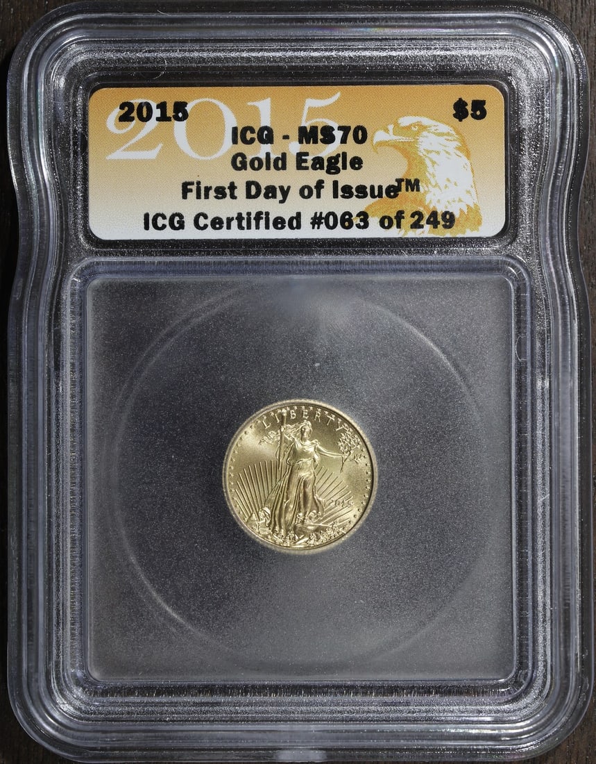 2015 American Eagle 1 10 oz Gold $5 ICG MS70 FDOI: 2015 American Eagle 1 10 oz Gold $5 ICG MS70 FDOI This is a 2015 American Eagle $5 gold coin, graded MS70 by ICG. Struck by the U.S. Mint, it is composed of 0.9167 fine gold and contains 1/10 oz of pr