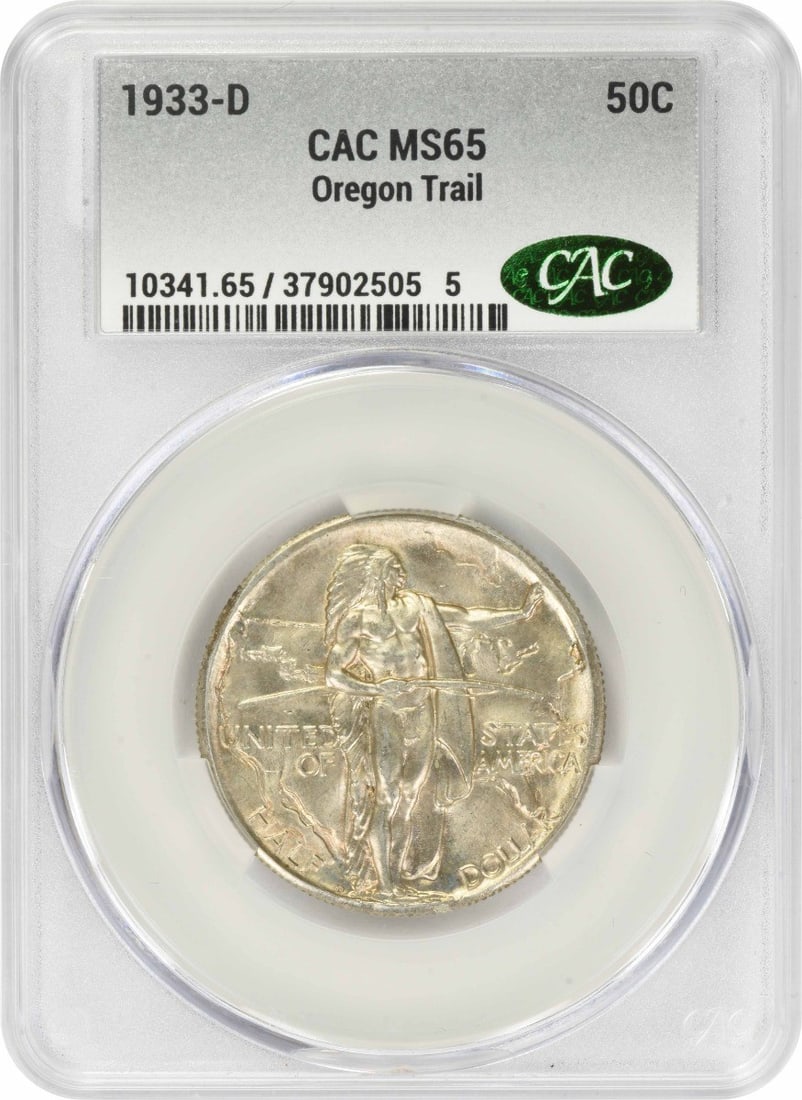 1933-D Denver Half Dollar CACG MS65 Oregon Commemorative Silver Coin: 1933-D Denver Half Dollar CACG MS65 Oregon Commemorative Silver Coin This 1933-D Oregon Commemorative Half Dollar is a United States coin certified by CACG and graded MS65. Struck at the Denver Mint, 