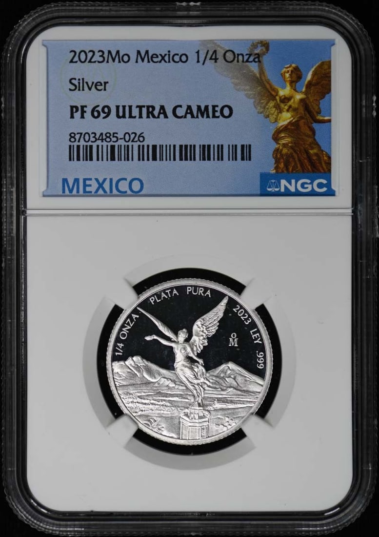 2023 Mexico 1 4 Onza Silver NGC PR69DCAM: 2023 Mexico 1 4 Onza Silver NGC PR69DCAM This is a 2023 Mexico Silver 1/4 Onza coin graded PR69 by NGC. The coin is uncirculated and comes with its official NGC certification. It is a pre-owned item, 