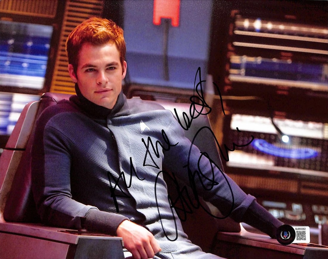 8x10 Star Trek Captain Kirk photo signed by Chris Pine Beckett authenticated: 8x10 Star Trek Captain Kirk photo signed by Chris Pine Beckett authenticated This is an 8x10 photograph featuring Chris Pine as Captain James T. Kirk from the modern Star Trek film series. The photo i