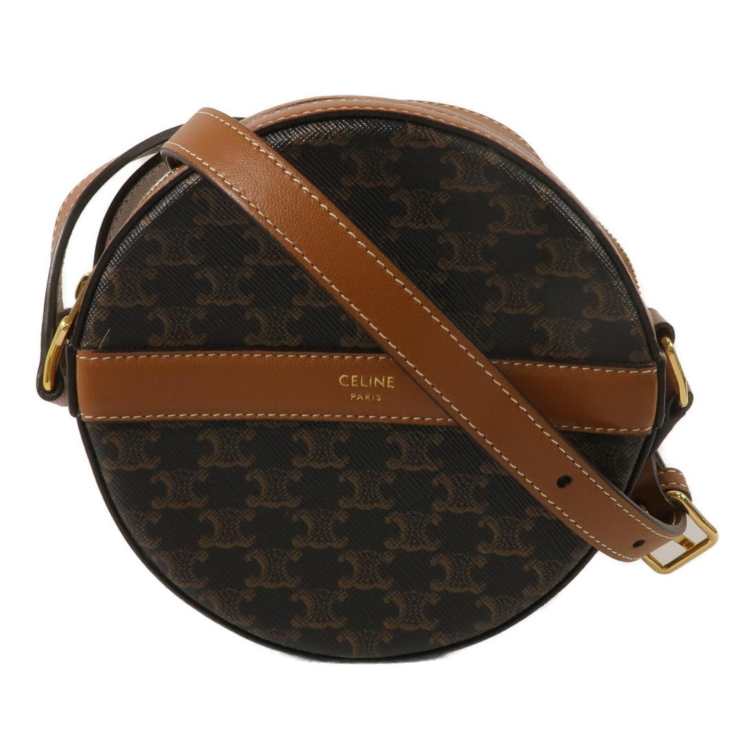 CELINE Round Strap Shoulder Bag Brown Coated Canvas Calfskin: CELINE Round Strap Shoulder Bag Brown Coated Canvas Calfskin A CELINE round purse on strap shoulder bag in brown, made from PVC coated canvas with calfskin (cowhide) trim. It features a shoulder strap