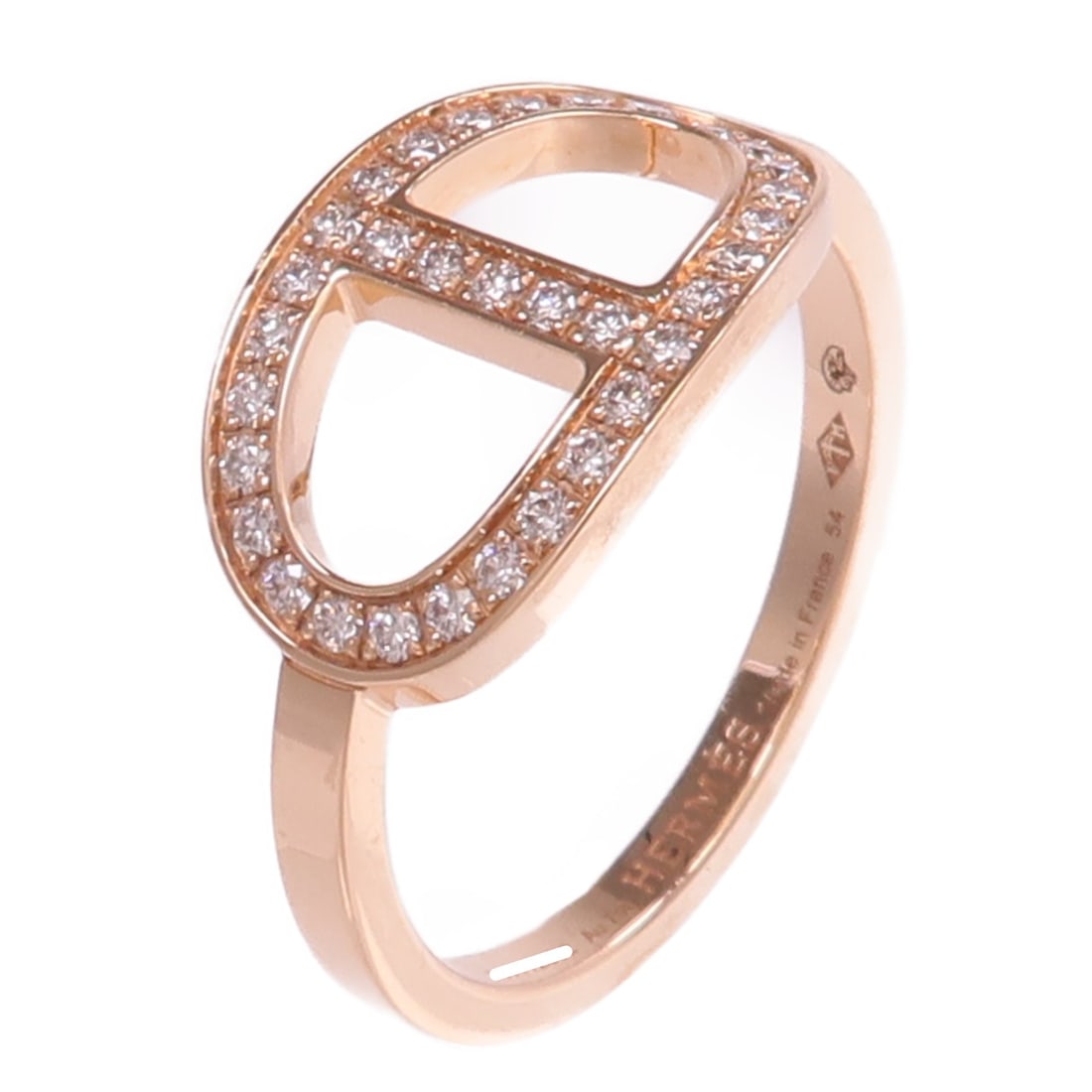 HERMES Chaine d'ancre Contour 18K Rose Gold Diamond Ring Size 7: HERMES Chaine d'ancre Contour 18K Rose Gold Diamond Ring Size 7 Hermes Chaine d'ancre Contour Ring in 18K rose gold, featuring a diamond and engraved size 54. This women's ring is size 7 and is descri