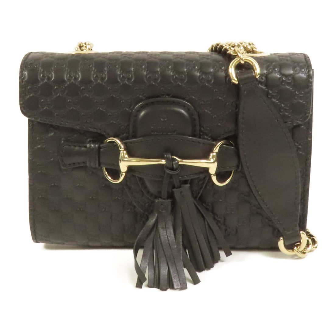 Gucci Mini Emily Shoulder Bag 449636 Black Calfskin GG GHW: Gucci Mini Emily Shoulder Bag 449636 Black Calfskin GG GHW Gucci Mini Emily shoulder bag in black calfskin (cowhide) with GG hardware and a flap-style interior open pocket. Made in Italy, this women's