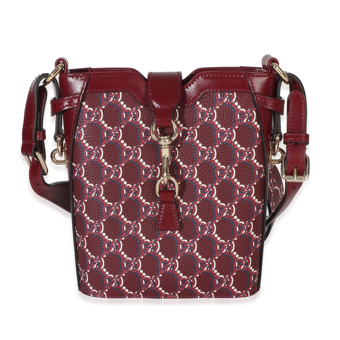 Gucci Mini Shadow Bucket Bag Red GG Monogram Calfskin Canvas: Gucci Mini Shadow Bucket Bag Red GG Monogram Calfskin Canvas Pre-owned Gucci Mini Shadow Bucket Bag in red with a multicolor GG monogram design. This unisex bucket bag is crafted from grained calfskin