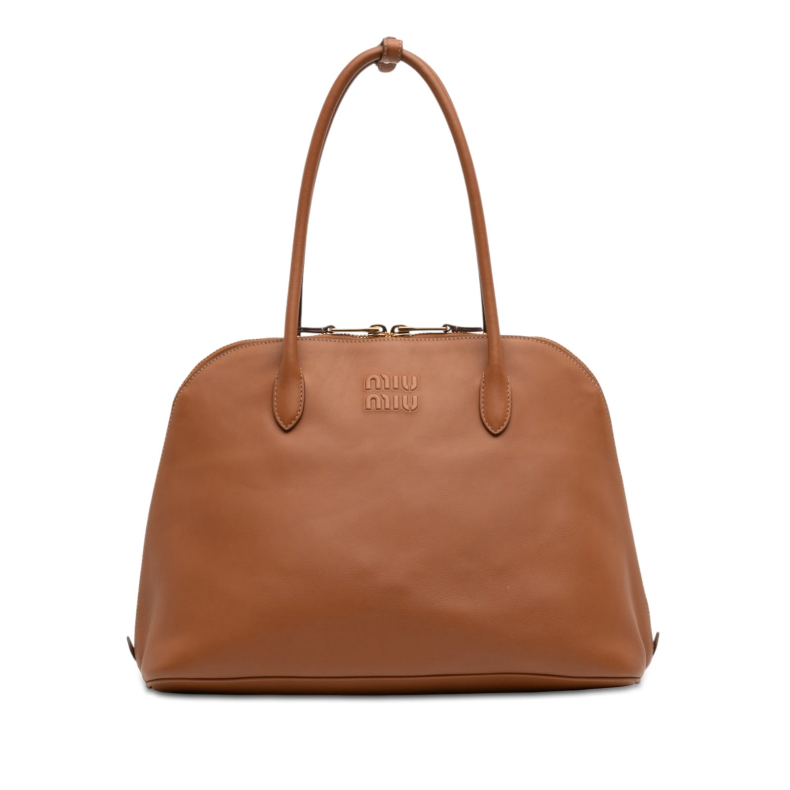Miu Miu Softy Brown Leather Shoulder Bag Embossed Logo: Miu Miu Softy Brown Leather Shoulder Bag Embossed Logo This Miu Miu Softy Calfskin Embossed Logo Shoulder Bag is crafted in leather with a brown finish and made in Italy. It features rolled leather st