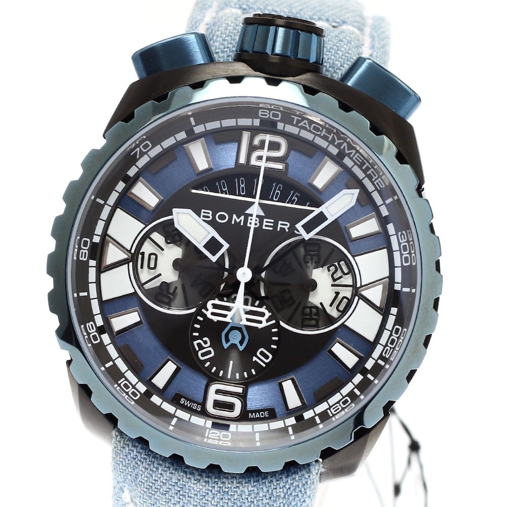 BOMBERG BOLT-68 Gun Sky Blue Chronograph Men's Wristwatch: BOMBERG BOLT-68 Gun Sky Blue Chronograph Men's Wristwatch This BOMBERG BOLT-68 Gun & Sky Blue chronograph wristwatch features a stainless steel case and a denim/leather strap. The watch is equipped wi