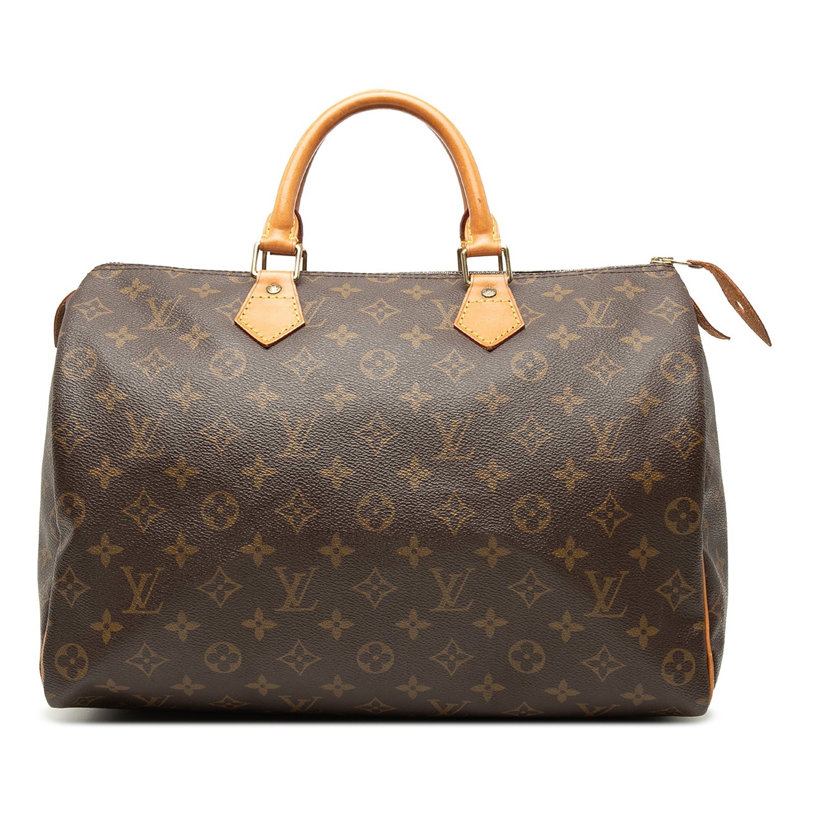 Louis Vuitton Speedy 35 Monogram Canvas Handbag Brown: Louis Vuitton Speedy 35 Monogram Canvas Handbag Brown The Louis Vuitton Monogram Speedy 35 is a brown bag made with monogram canvas and rolled vachetta leather handles. It features a top zip closure a