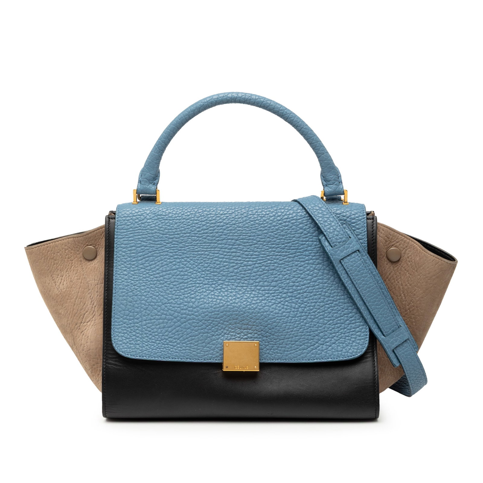 Celine Trapeze Small Satchel in Tricolor Leather with Detachable Strap: Celine Trapeze Small Satchel in Tricolor Leather with Detachable Strap This Celine Small Tricolor Leather Trapeze Satchel features a structured leather body, a rolled leather top handle, and a detacha