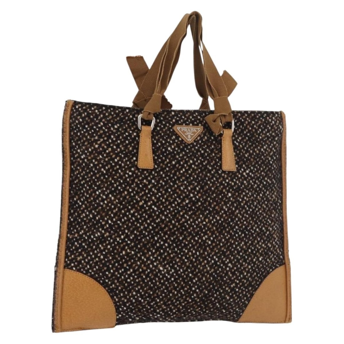 PRADA Brown Canvas Hand Bag with Guarantee Card 175566A: PRADA Brown Canvas Hand Bag with Guarantee Card 175566A Prada hand bag in brown and silver canvas, made in Italy. It comes with a guarantee card and has a handle drop of approximately 5.1 inches (13 c