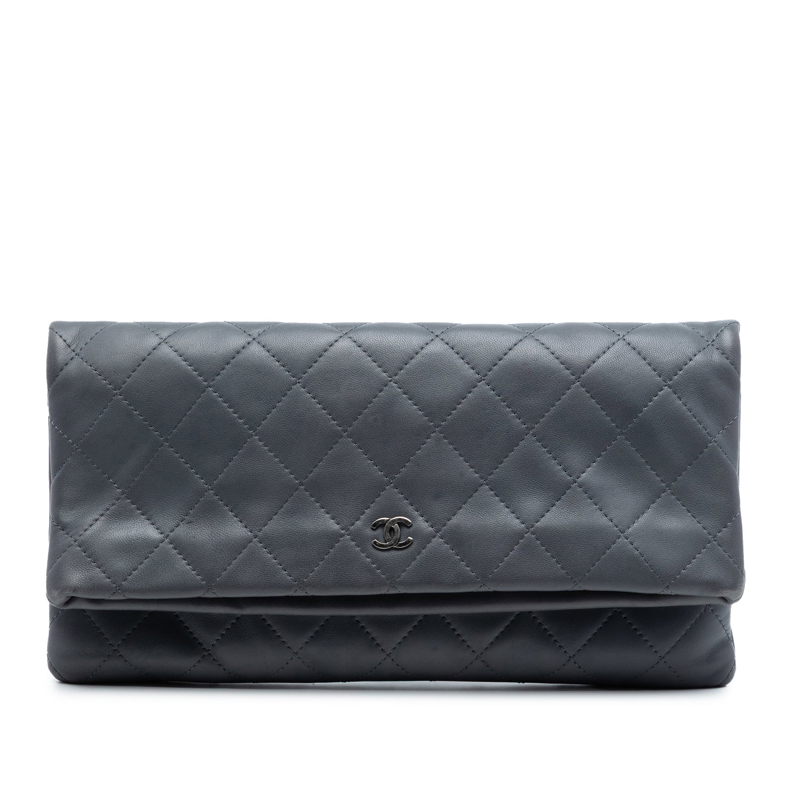 Gray Chanel Lambskin Quilted Foldover Clutch with Snap and Zip Closures: Gray Chanel Lambskin Quilted Foldover Clutch with Snap and Zip Closures This Chanel CC Quilted Lambskin Foldover Clutch features a quilted lambskin leather exterior in gray with a fold-over flap secur